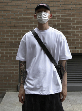 韩国男装代购直播LAINE高档品牌USA棉质10色精工拼接宽松短袖T恤