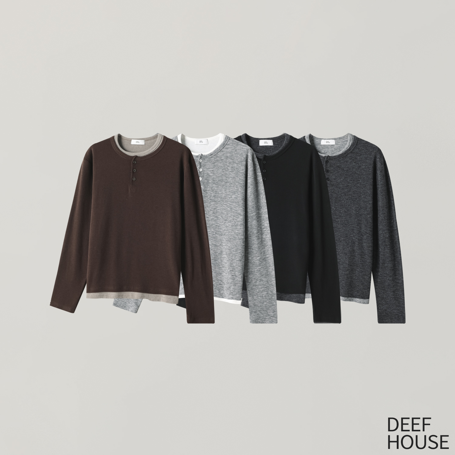 韩国男装撞色假两件亨利领长袖T