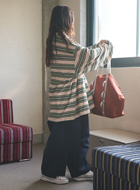 MRDONG韩国代购男女复古红白横条宽松落肩长袖气质街头层次感T恤