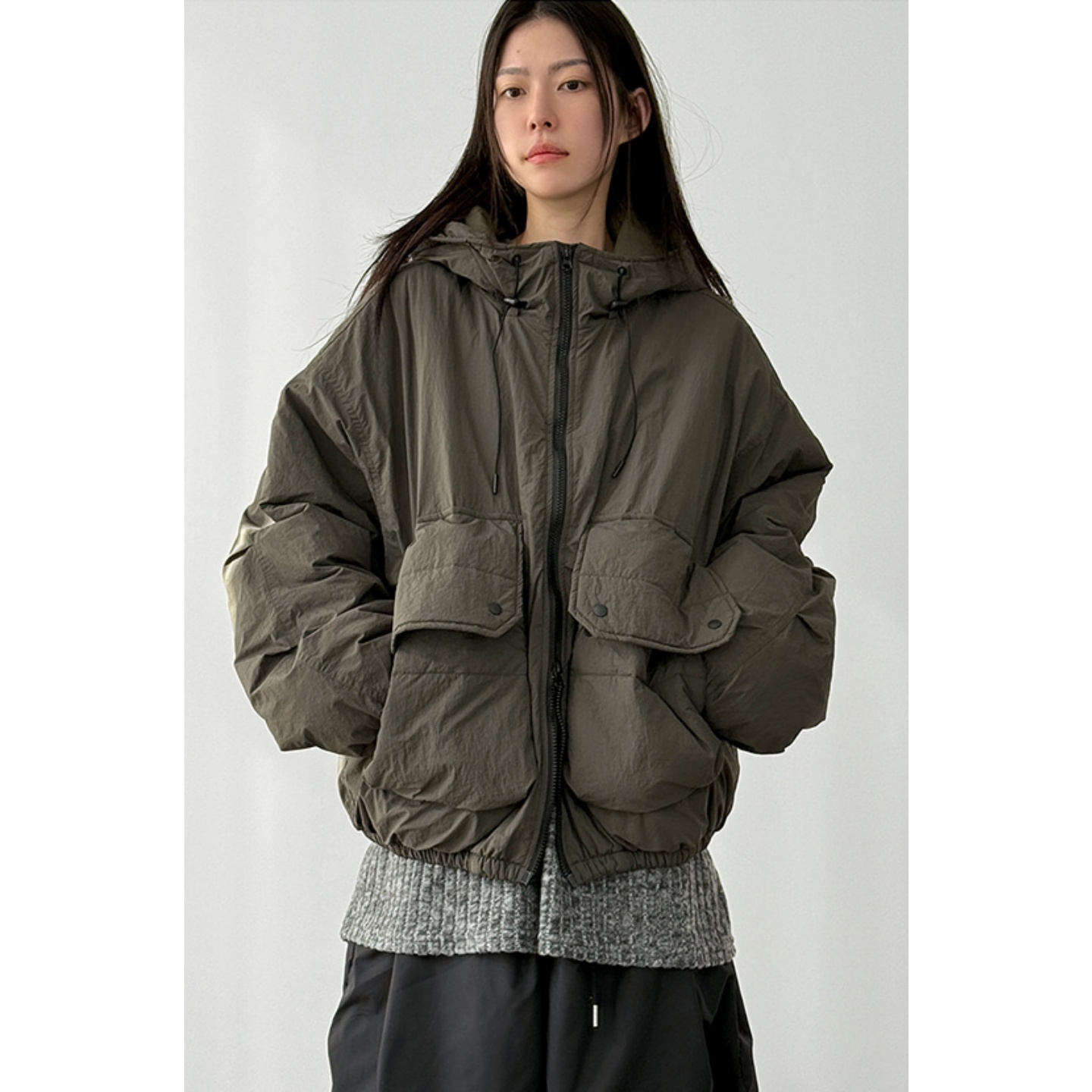 韩国代购翻盖口袋连帽棉服外套