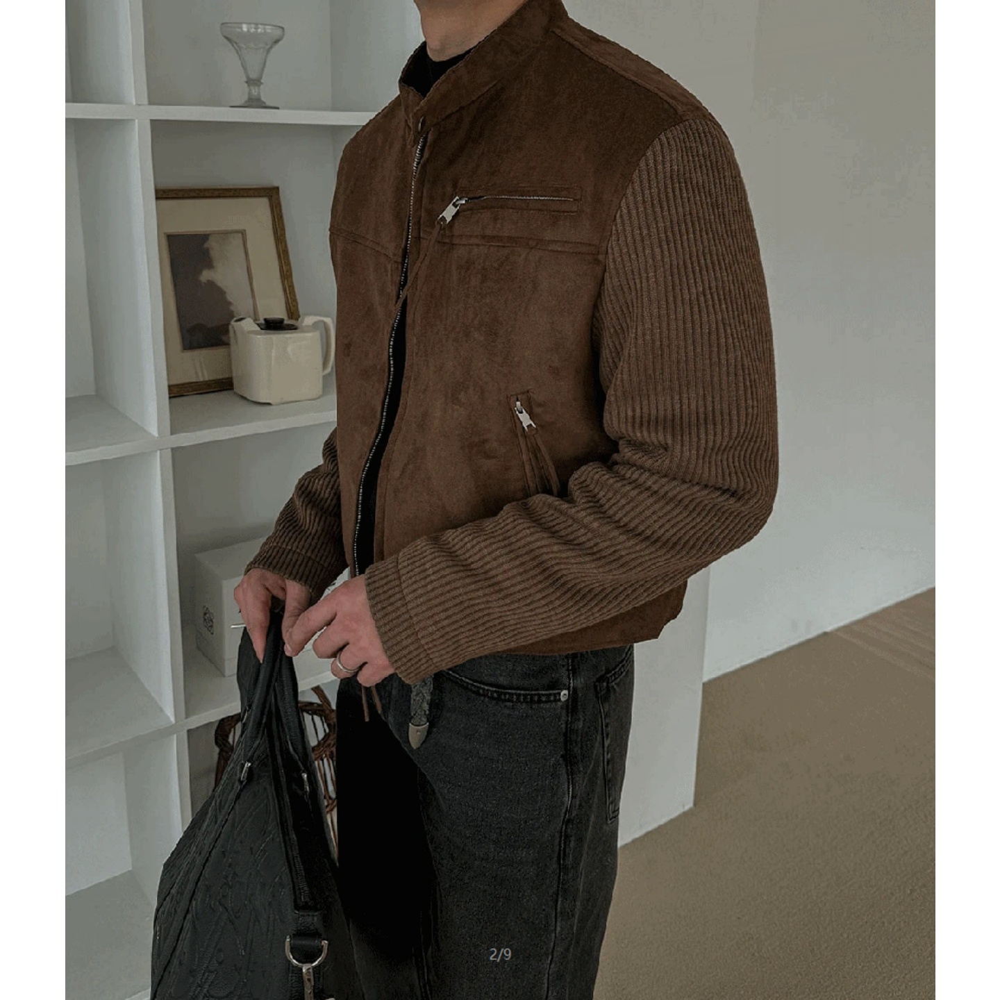 MRDONG韩国男装代购小立领螺纹针织拼接翻毛麂皮短款高品夹克外套