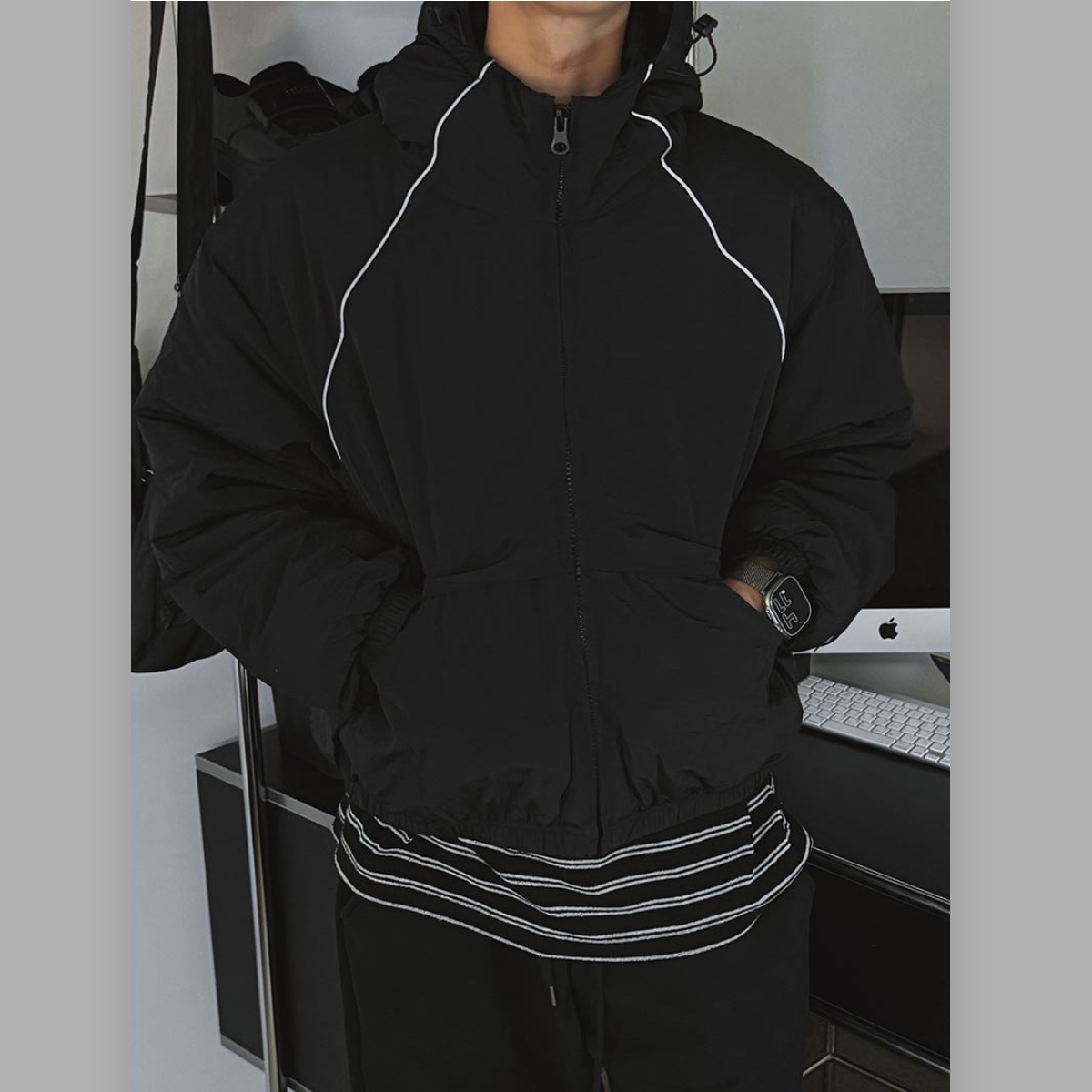 MRDONG韩国男装代购高品3M反光线条插肩拼接立领连帽棉服夹克外套