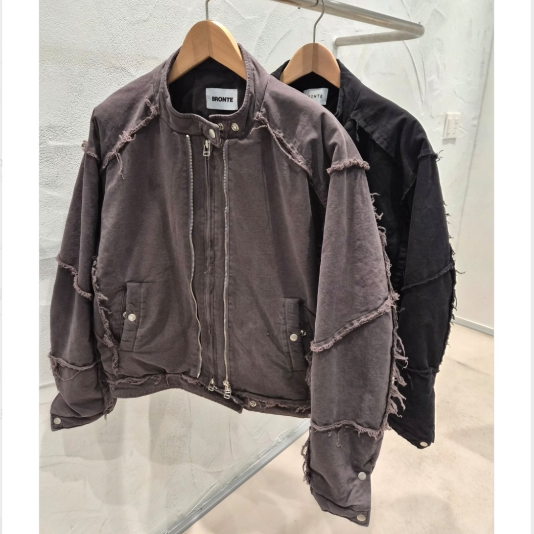 韩国男装代购立体毛边拼接小立领复古水洗工装夹棉设计感夹克外套