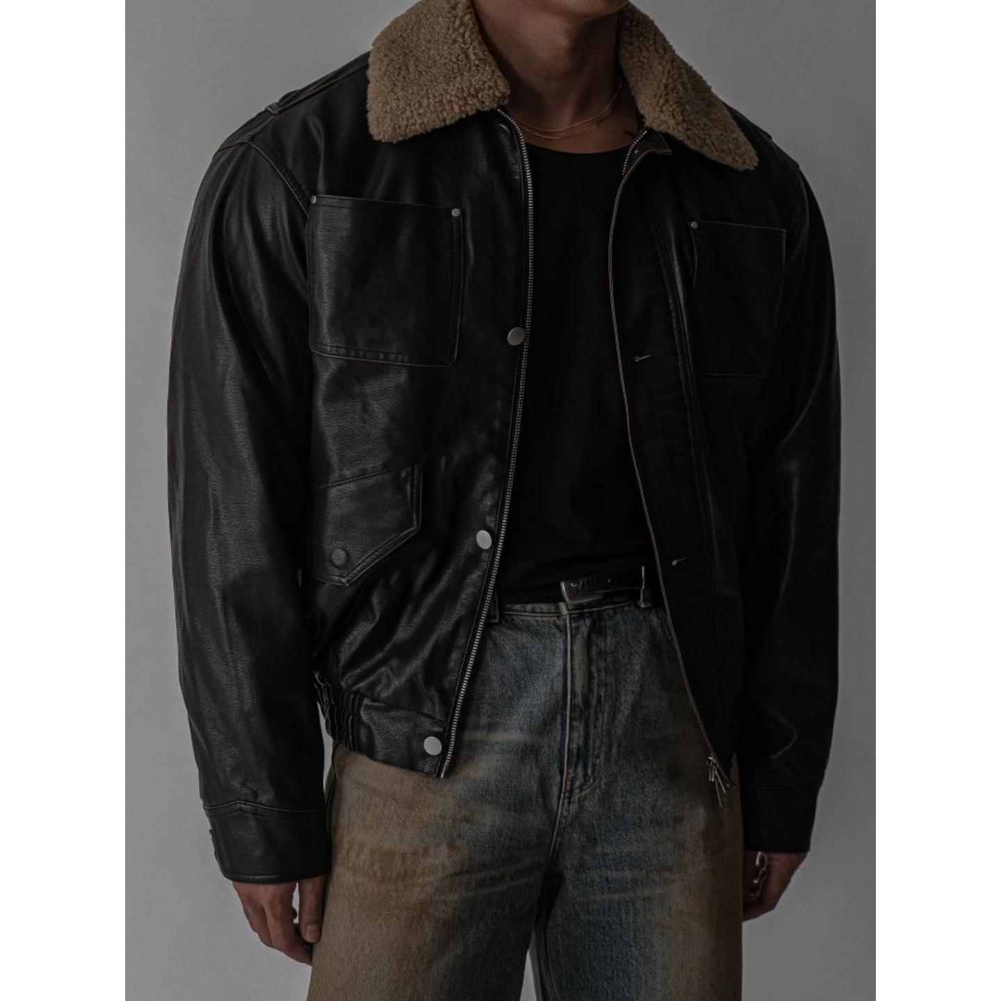 韩国男装羊羔绒翻领复古PU皮棉服