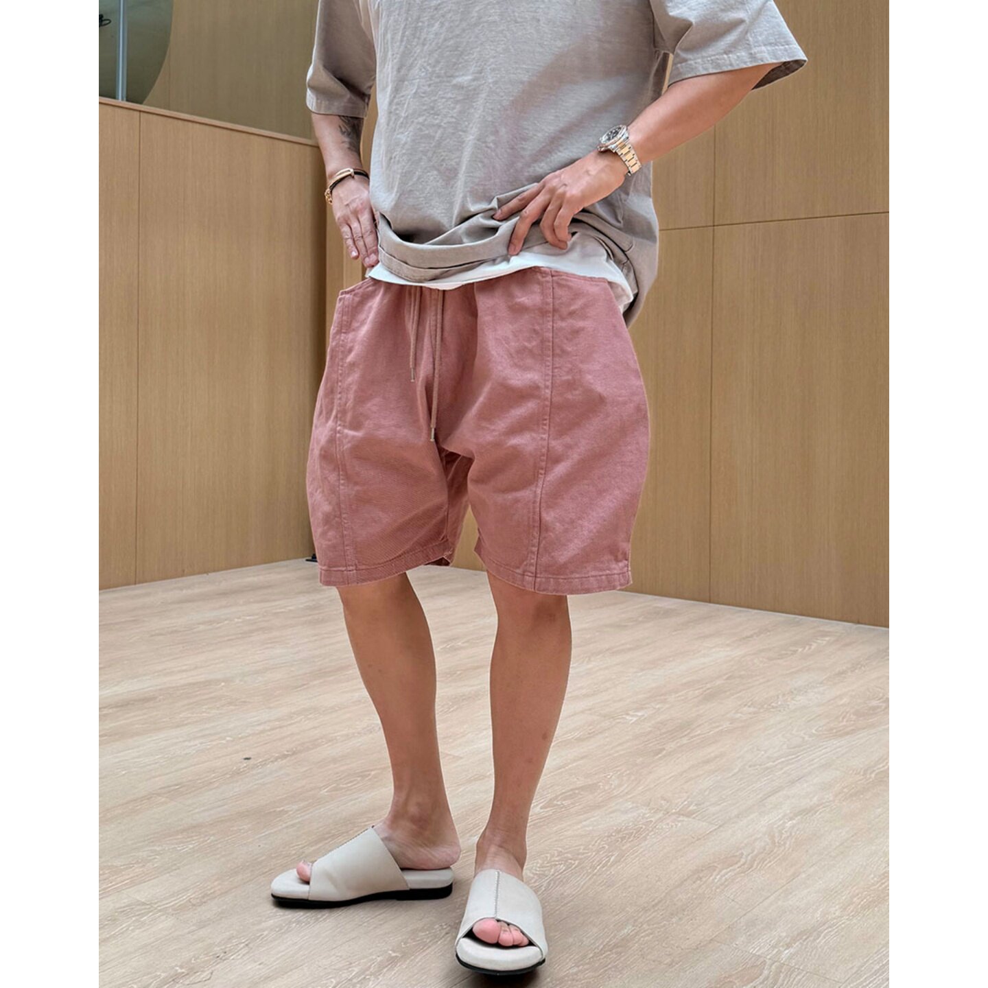 MRDONG韩国代购男装水洗玫粉抽绳宽松膝上休闲短裤男潮气质夏季款
