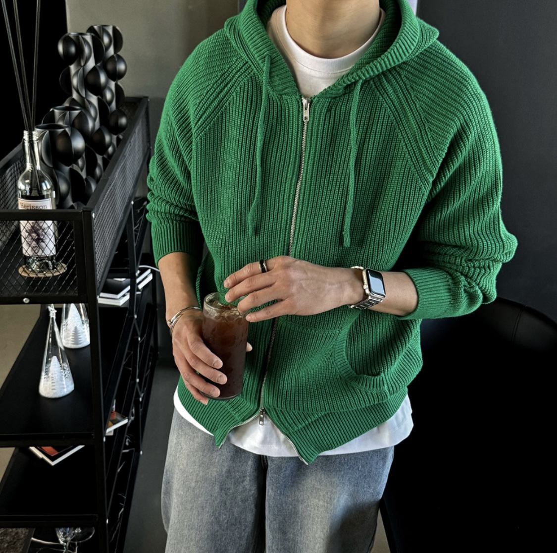 福利秒杀韩国男装代购直播UNC设计师插肩袖粗棒针织开衫连帽外套