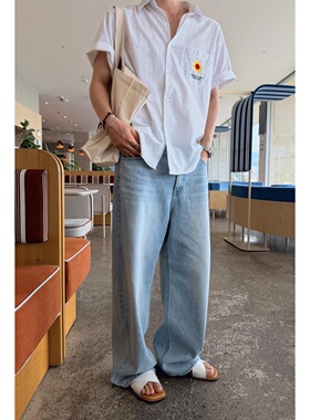 MRDONG韩国代购东大门男装浅蓝色水洗春夏时尚阔腿直筒老爹牛仔裤