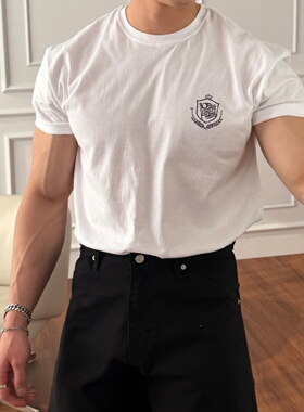 MRDONG韩国代购男装莱布盾徽章印花短袖T恤显壮学院复古减龄3色