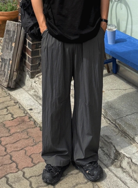 MRDONG韩国代购东大门男装LOGAN尼龙薄褶皱阔腿松紧腰直筒休闲裤