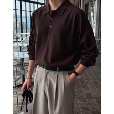 韩国代购轻薄翻领半开襟纯色毛衣