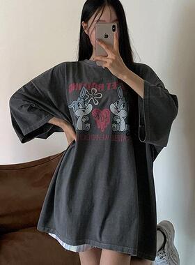 MRDONG韩国代购男女兔子印花荧光粉色宽松落肩短袖长款上衣度假风