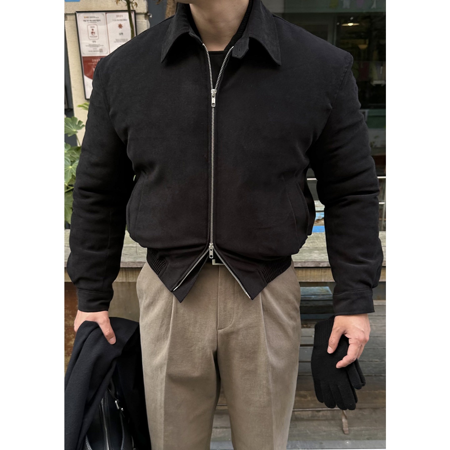 MRDONG韩国男装代购细条灯芯绒短款夹克双向拉链轻熟翻领夹棉外套