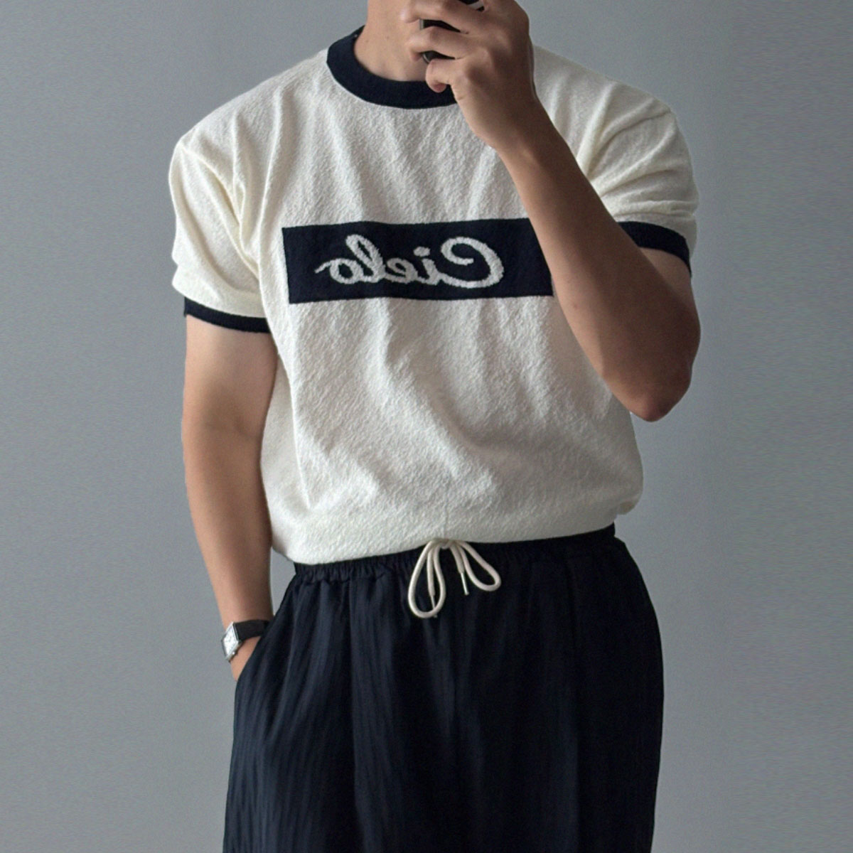 韩国男装撞色提花时尚英文短袖T