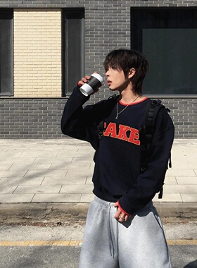 MRDONG韩国代购男装蛋糕贴布字母拼色罗纹圆领卫衣撞色廓形小众感