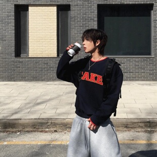 MRDONG韩国代购 蛋糕贴布字母拼色罗纹圆领卫衣撞色廓形小众感 男装