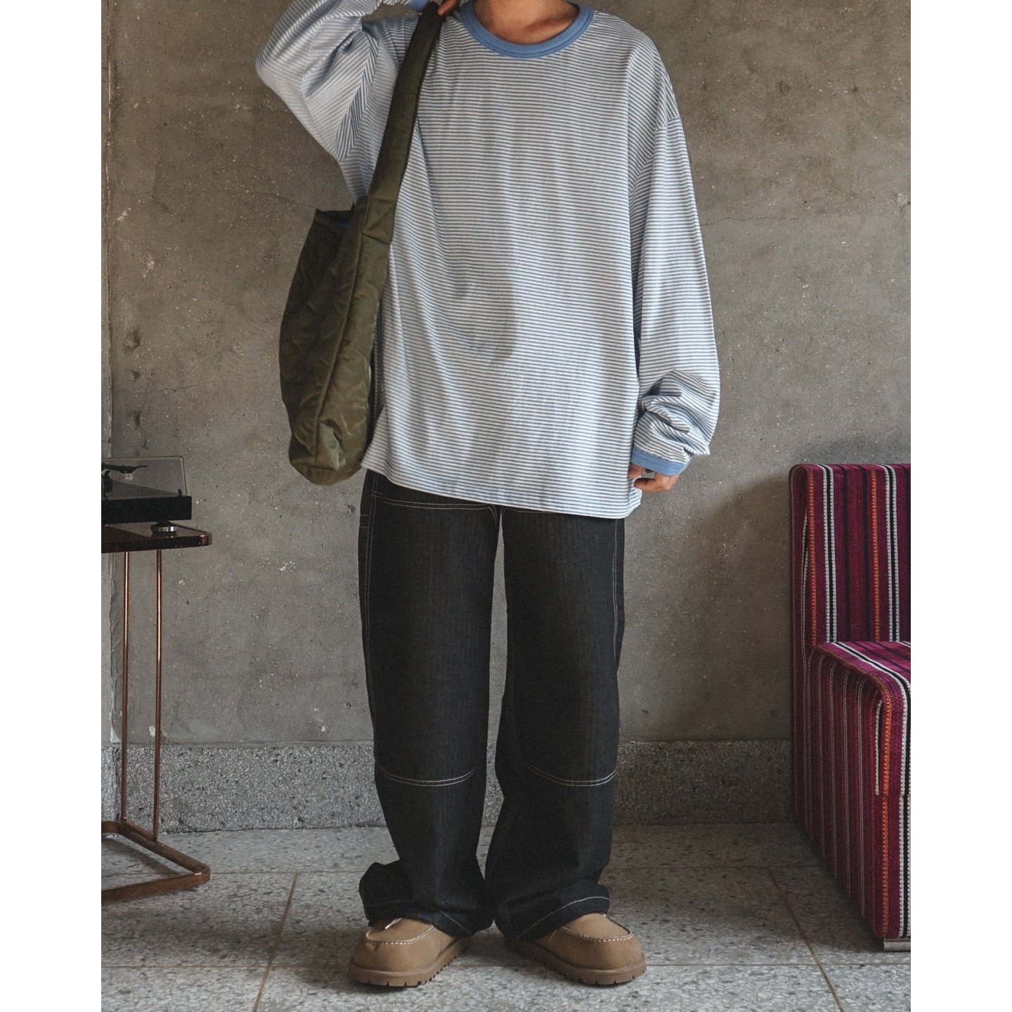 MRDONG韩国代购男女细条纹盒型落肩长袖轻奢高品春新宽松气质T恤,男装,T恤,淘宝优惠券,粉丝福利购,淘宝优惠卷