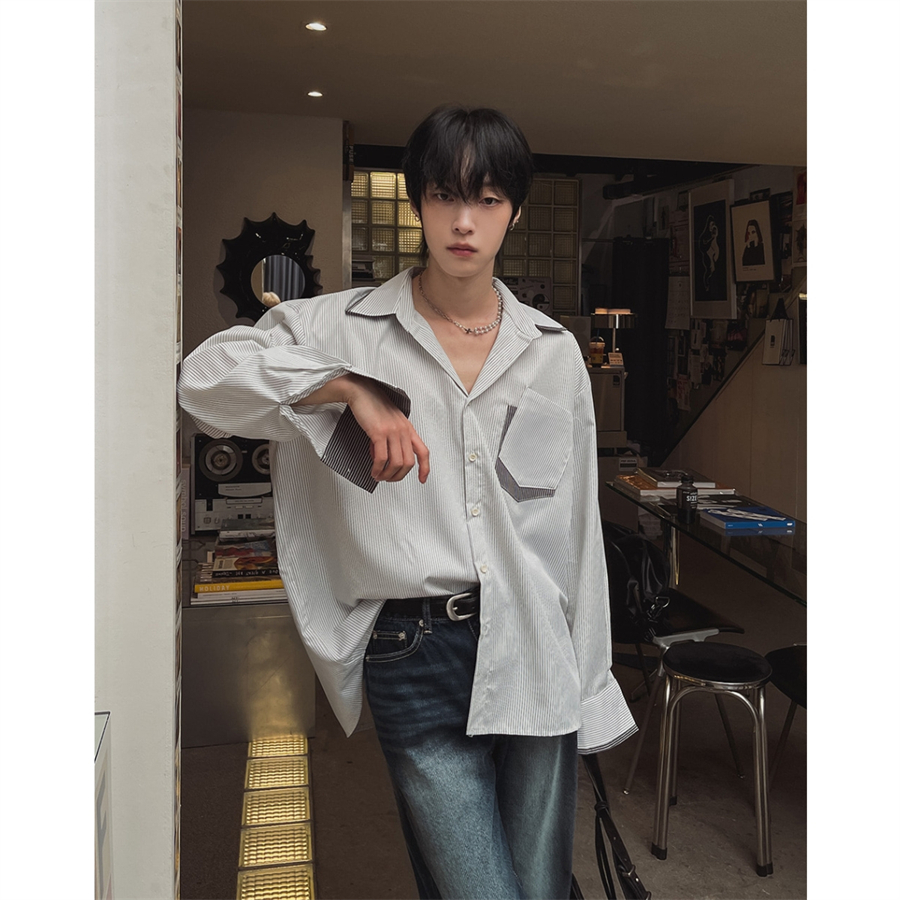 MRDONG韩国男装代购拼色重叠口袋潮流设计师条纹中长阔版长袖衬衫