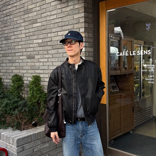 MRDONG韩国代购东大门男装直播MENTO重工立领短款设计秋冬皮衣PU
