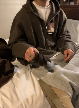 韩国代购男装直播LOGAN宝藏档口山羊绒混纺重工可束腰连帽开衫