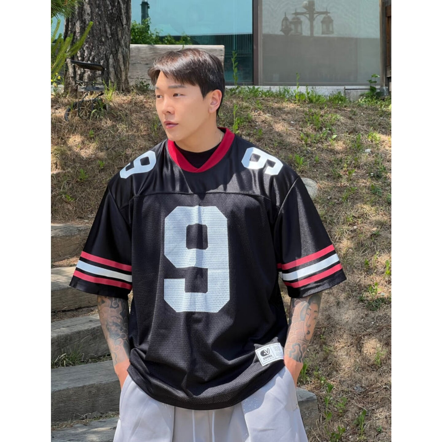 MRDONG韩国代购东大门男装V领9号橄榄球网眼美式街头大码短袖T恤