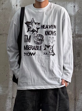 MRDONG韩国代购男装星芒字母印花长袖恤假两件袖口宽松街潮T恤