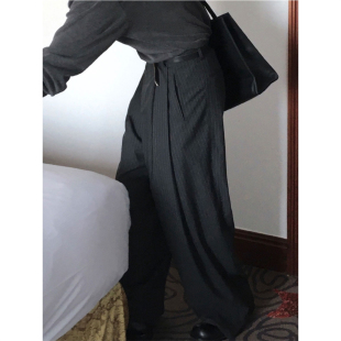 MRDONG韩国男装代购秋季人造丝垂感竖条纹双掐褶阔腿休闲西裤
