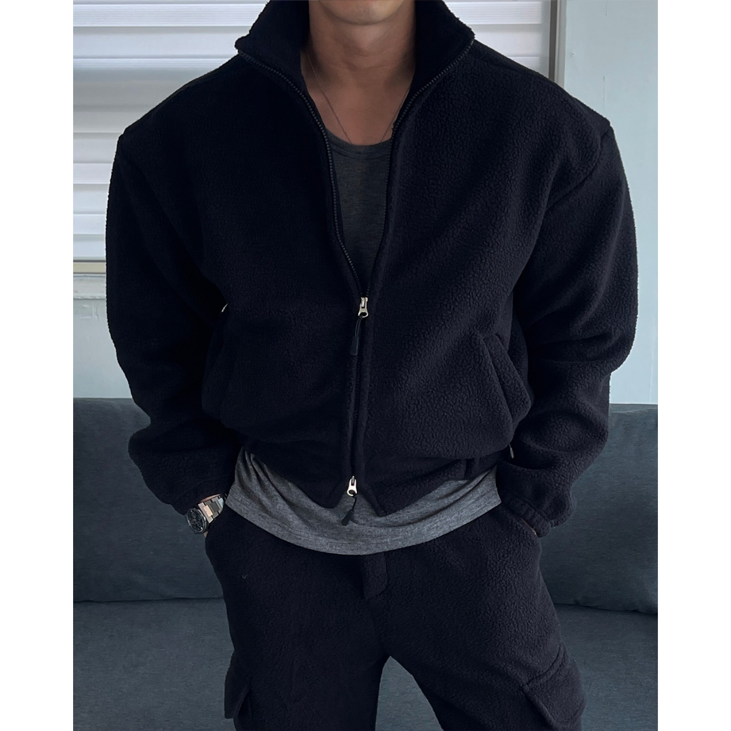 韩国男装摇粒绒立领双向拉链开衫