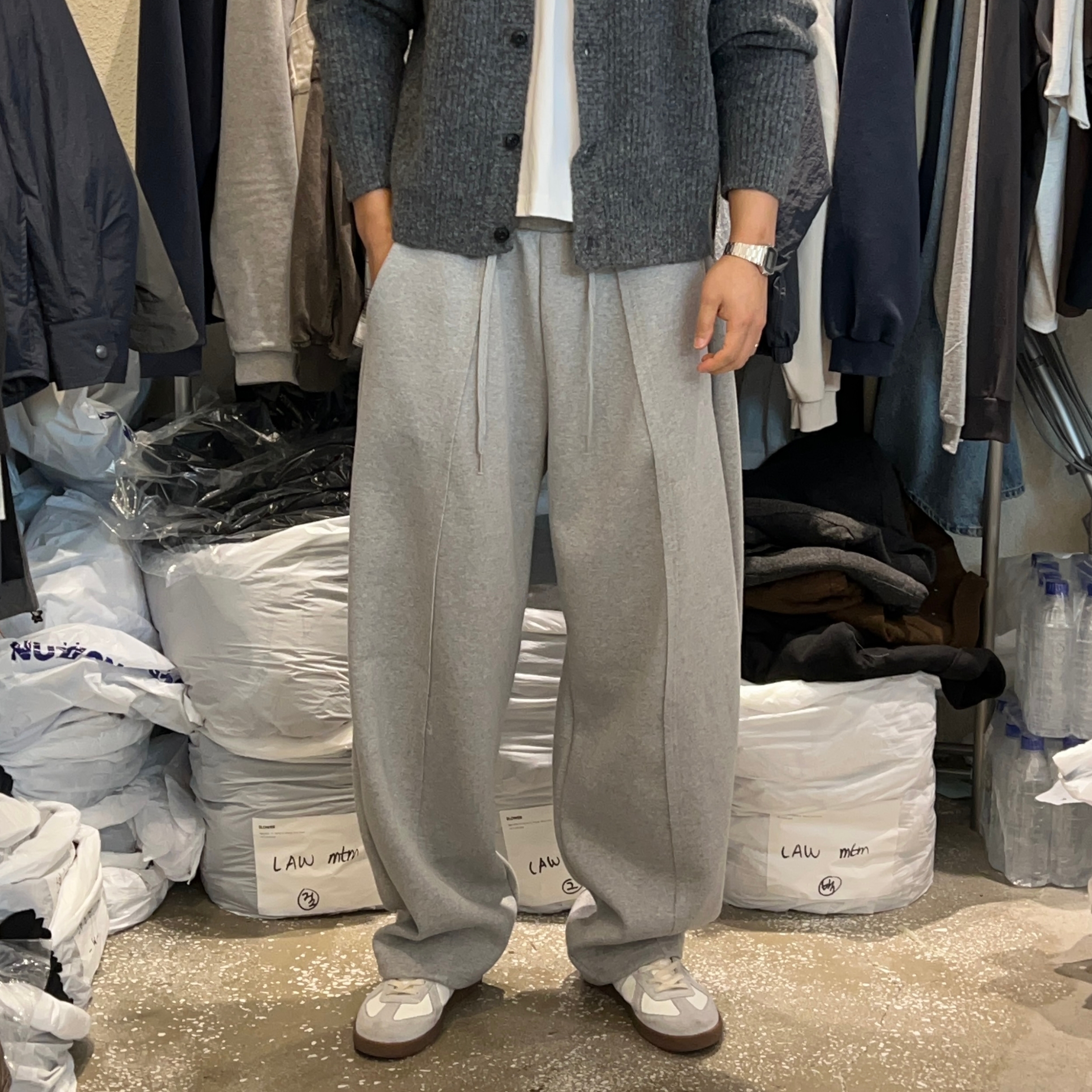 韩国男装拼接设计抓绒阔腿卫裤