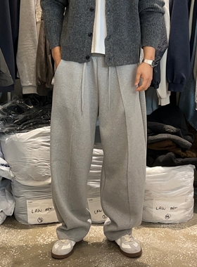 韩国男装代购直播SLOWER高档重工拼接设计抓绒阔腿微堆积休闲卫裤