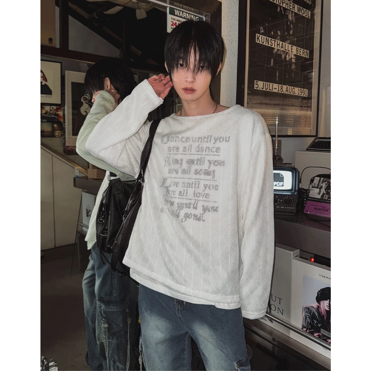 MRDONG韩国代购男装假两件透视针织长袖字母印花层次感上衣T恤