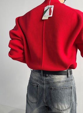 韩国代购男装直播LAINE强推意大利人造丝棍棒拼线线半高领针织衫