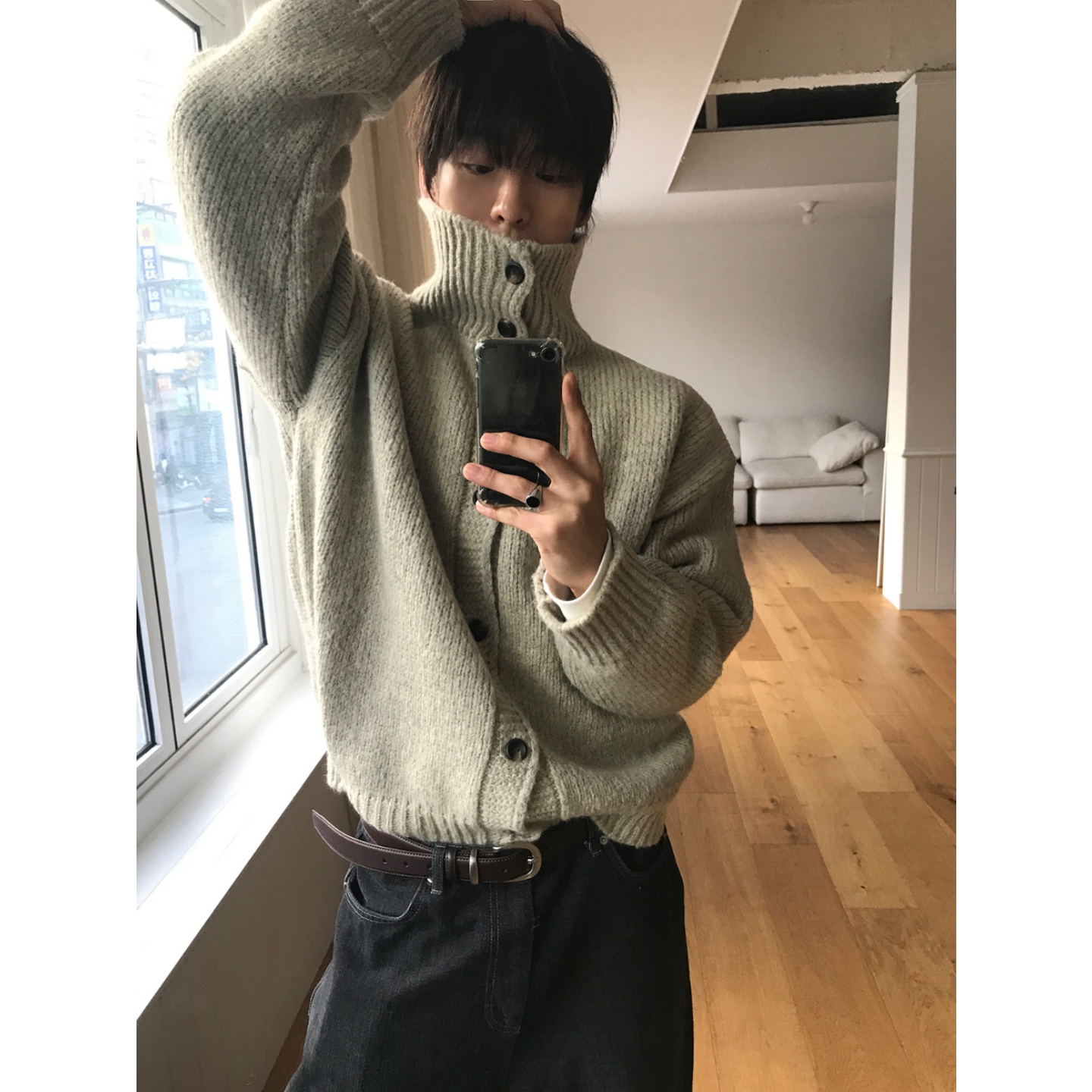 MRDONG韩国男装代购可翻立领时尚系扣休闲设计师短款针织开衫外套