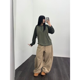 MRDONG韩国代购东大门男女撞色插肩亨利领竹节棉潮流宽松长袖T恤