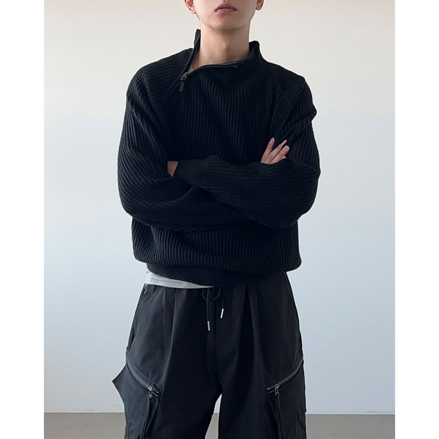 韩国男装半高领插肩斜拉链毛衣