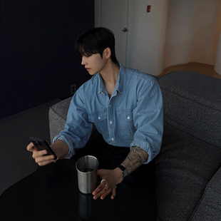 MRDONG韩国代购东大门男装翻盖双袋休闲复古水洗宽松牛仔长袖衬衫