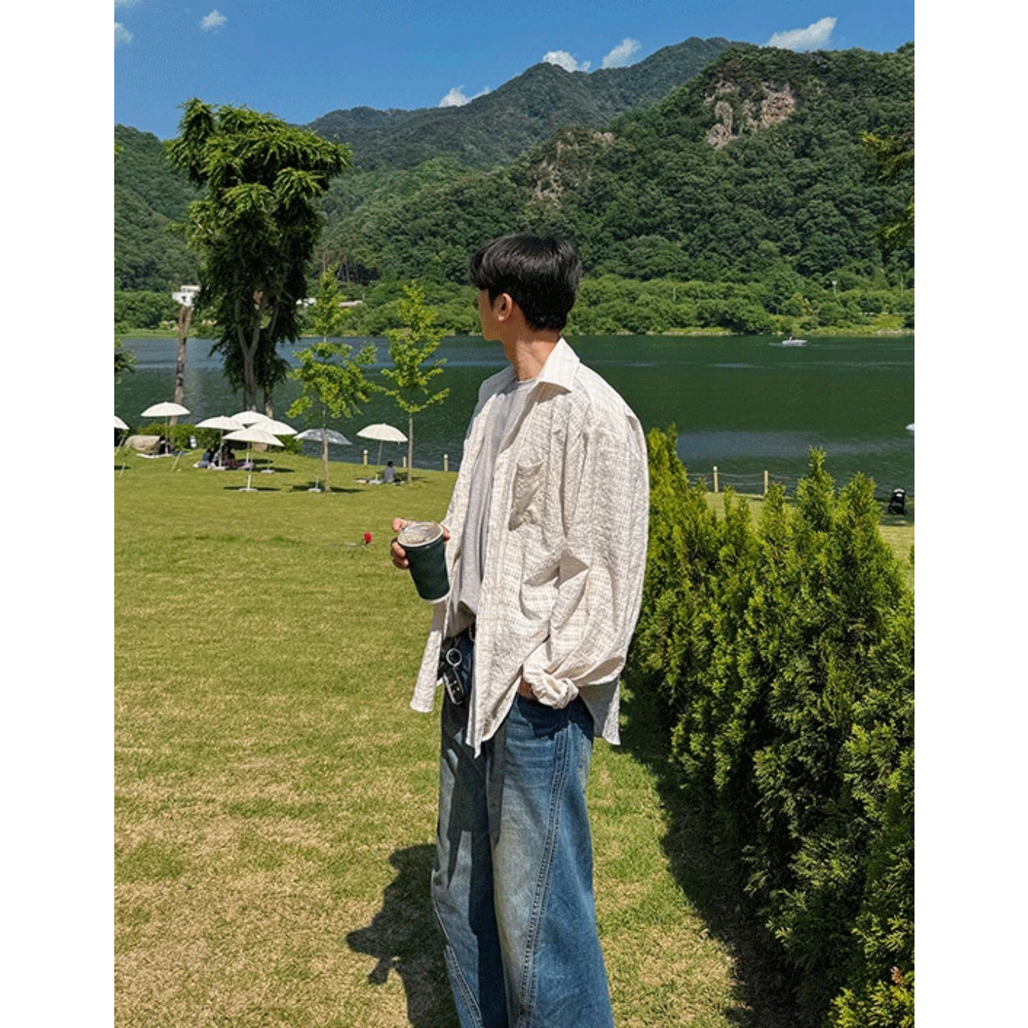 MRDONG韩国代购东大门男装轻薄褶皱格纹宽松长袖衬衫透视度假防晒