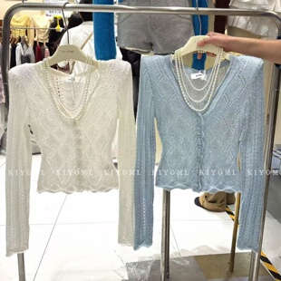 新款 镂空短款 韩版 针织衫 上衣女 亮片V领长袖 十三行KIYOMI2026春季