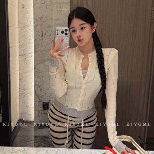 显瘦短款 十三行KIYOMI2026春新款 针织衫 气质假两件长袖 上衣女 韩版