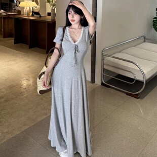 韩版 气质蕾丝花边V领连衣裙女收腰显瘦包臀长裙子 新款 ALA2026夏季