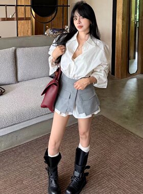 涤纶2026秋衬衫腰封裙套装女