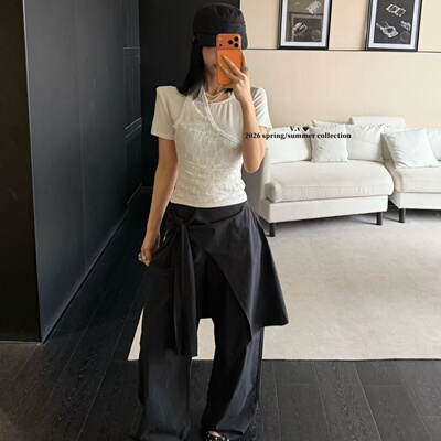 涤纶套头蕾丝假两件短袖T恤女