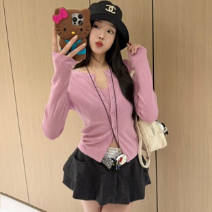 韩版 显瘦V领短款 气质假两件长袖 女修身 上衣 针织衫 TIMI2026春新款