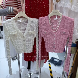 韩版 单排扣短款 V领长袖 修身 上衣女 针织衫 十三行KIYOMI2026春新款