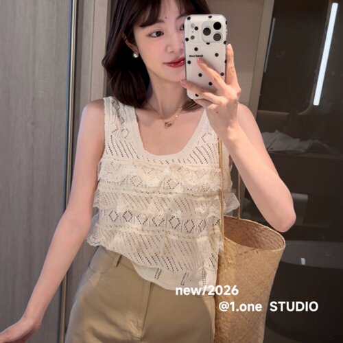 韩版蕾丝花边针织背心女