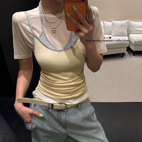 涤纶套头短袖T恤背心两件套女