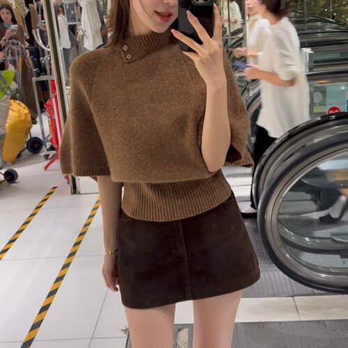 涤纶套头翻领短袖针织衫女