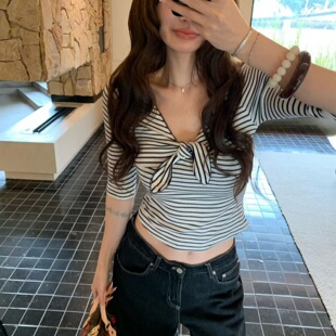 HOLDER2026夏季新款纯欲辣妹条纹V领短袖T恤女修身显瘦短款上衣