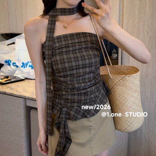 修身显瘦格子衬衫背心女