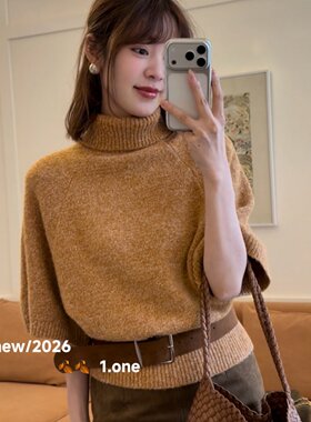 涤纶套头高领短袖针织衫女