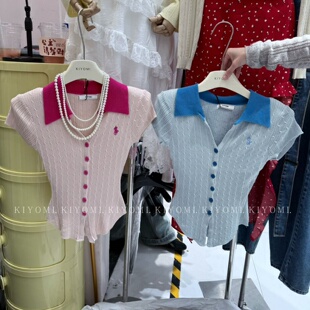 气质翻领短袖 韩版 针织衫 女修身 上衣 十三行KIYOMI2026夏季 短款 新款